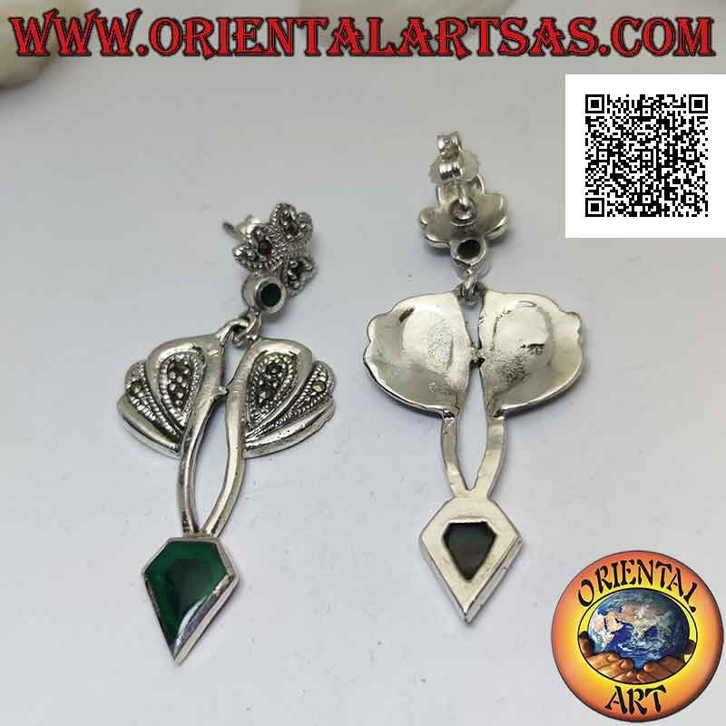 Silver earrings with green agate in the shape of a diamond and mounting with marcasite