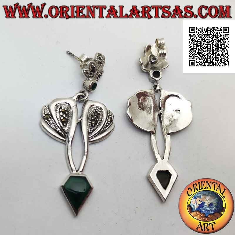 Pendientes de plata con ágata verde en forma de diamante y montura con marcasita