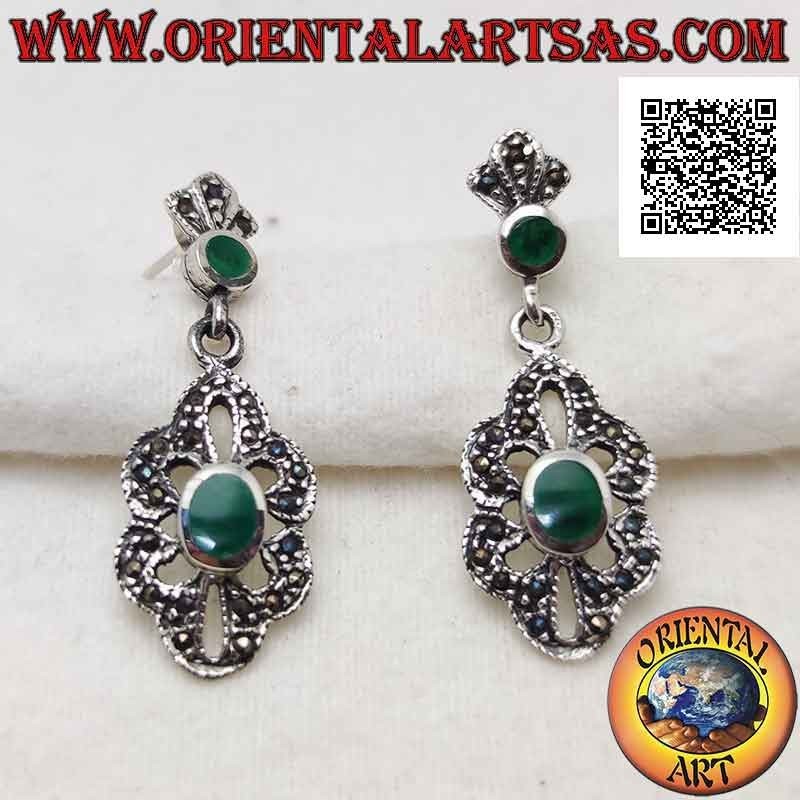 Boucles d'oreilles en argent avec pendentif nuage ajouré avec agate ovale centrale et marcassite