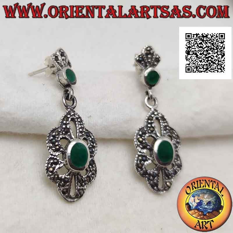 Boucles d'oreilles en argent avec pendentif nuage ajouré avec agate ovale centrale et marcassite