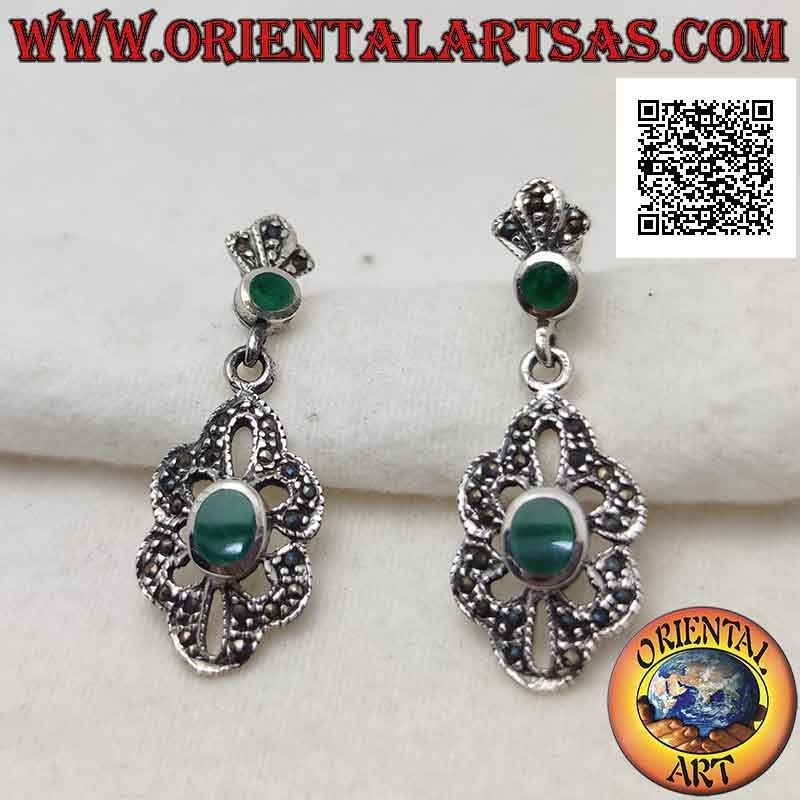 Boucles d'oreilles en argent avec pendentif nuage ajouré avec agate ovale centrale et marcassite