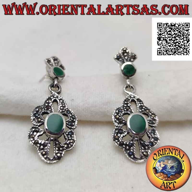 Silver earrings with openwork pendant cloud with central oval agate and marcasite