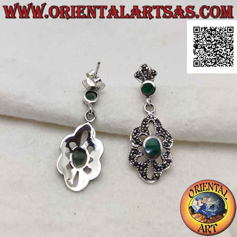 Silver earrings with openwork pendant cloud with central oval agate and marcasite