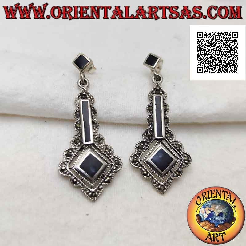 Silver lobe earrings with segment and rhombus of onyx surrounded by marcasite