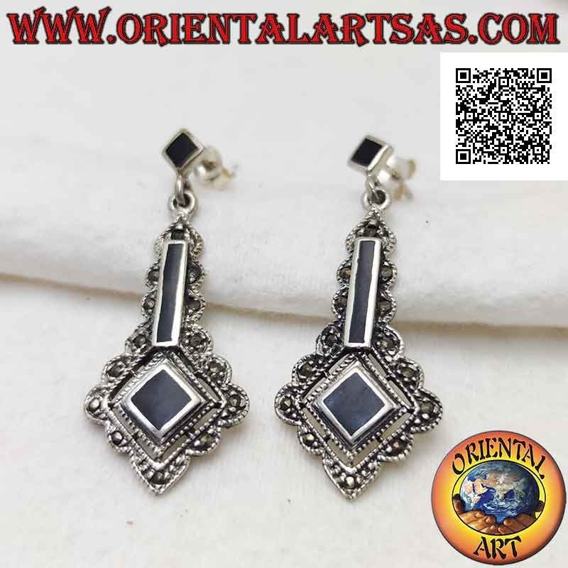 Silver lobe earrings with segment and rhombus of onyx surrounded by marcasite