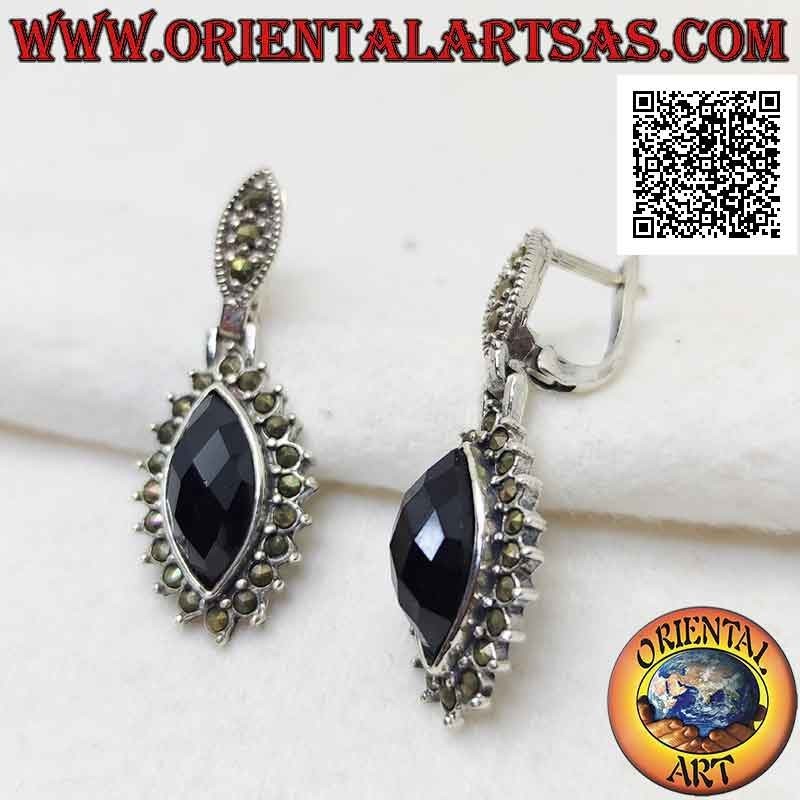Silver earrings with faceted shuttle onyx surrounded by embedded marcasite (lever lock)