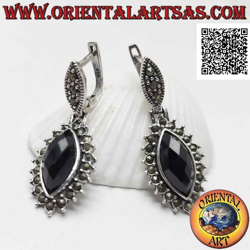 Silver earrings with faceted shuttle onyx surrounded by embedded marcasite (lever lock)
