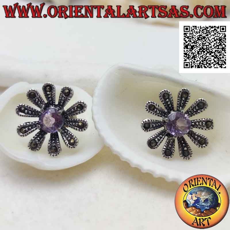 Large daisy-shaped lobe earrings in silver studded with marcasite and central round amethyst