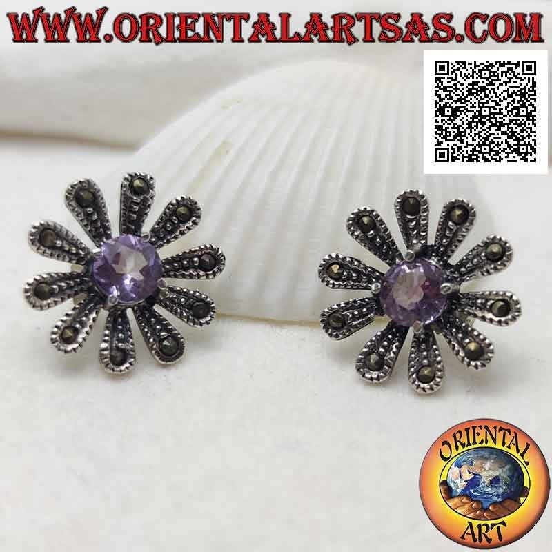 Große gänseblümchenförmige Ohrläppchen aus Silber mit Markasit und zentralem rundem Amethyst