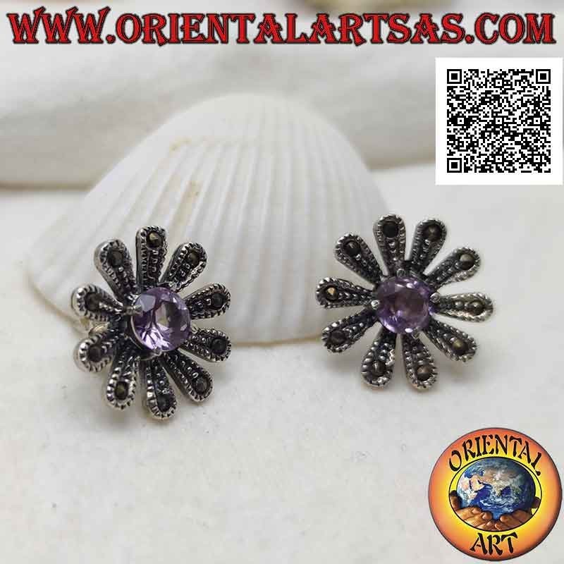 Large daisy-shaped lobe earrings in silver studded with marcasite and central round amethyst