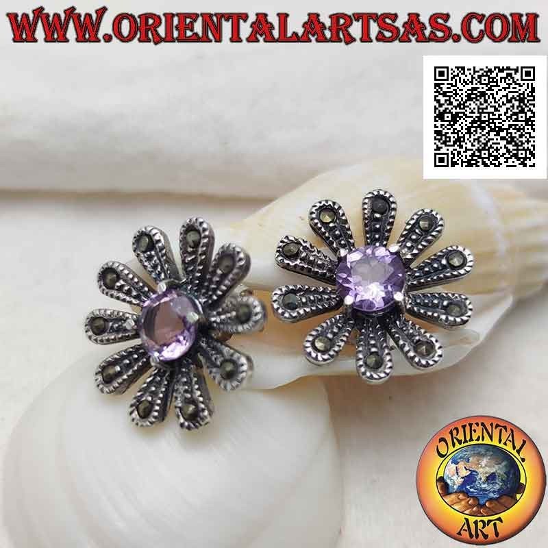 Large daisy-shaped lobe earrings in silver studded with marcasite and central round amethyst