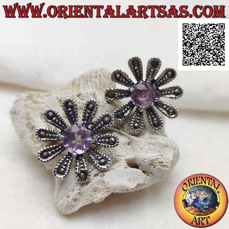 Große gänseblümchenförmige Ohrläppchen aus Silber mit Markasit und zentralem rundem Amethyst