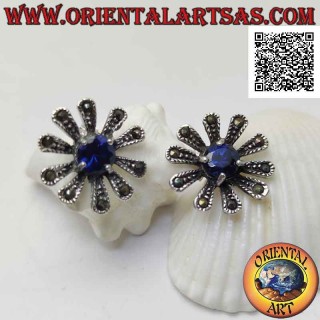 Silver earrings with large daisy lobe studded with marcasite and central round synthetic sapphire
