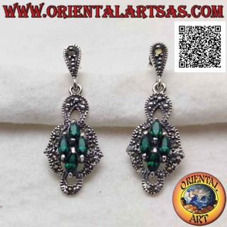 Silver lobe earrings with rhomboid composition of 4 synthetic shuttle emeralds surrounded by marcasite
