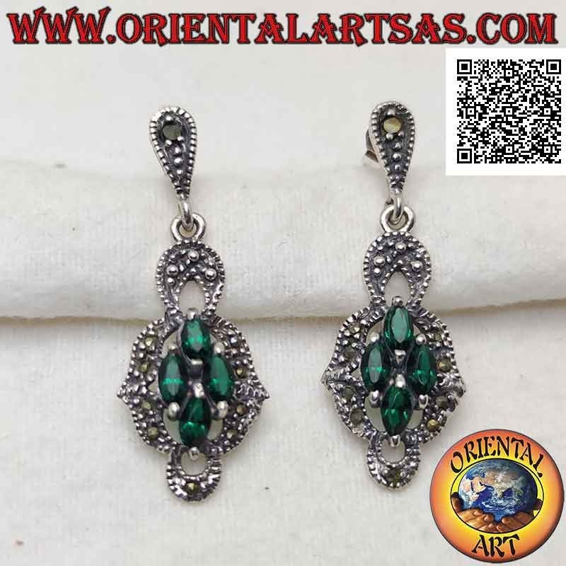 Silver lobe earrings with rhomboid composition of 4 synthetic shuttle emeralds surrounded by marcasite