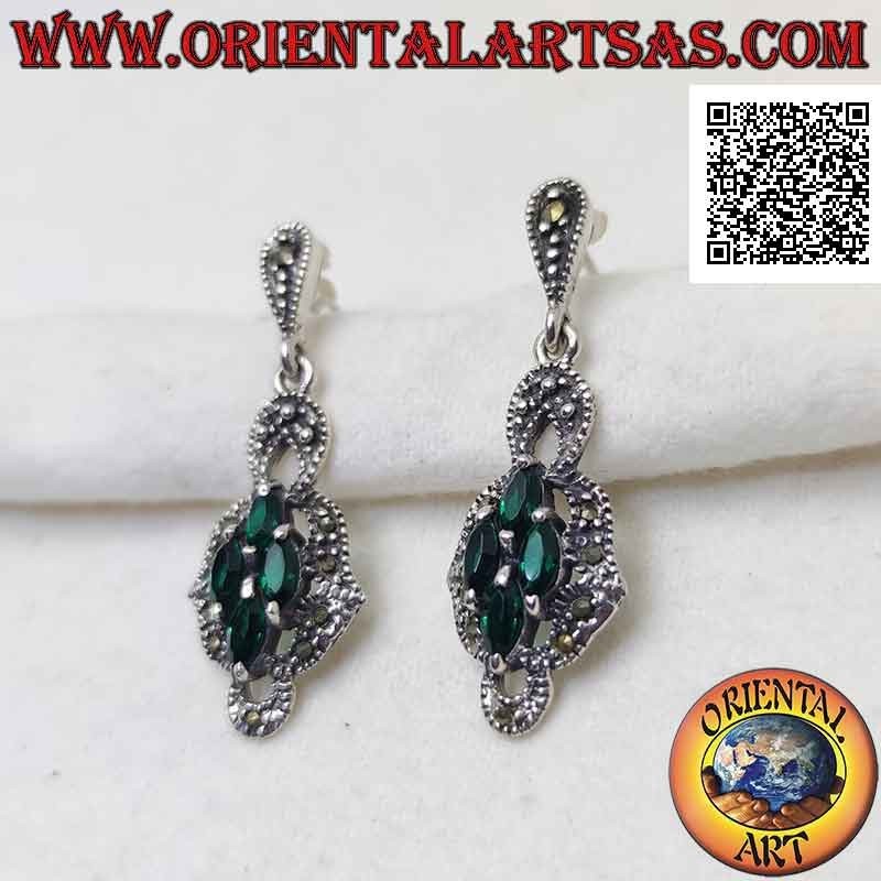 Silver lobe earrings with rhomboid composition of 4 synthetic shuttle emeralds surrounded by marcasite