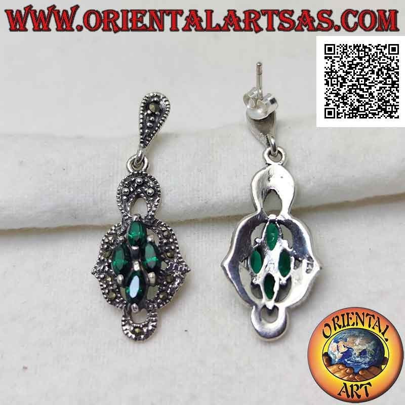 Silver lobe earrings with rhomboid composition of 4 synthetic shuttle emeralds surrounded by marcasite