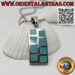 Colgante de plata rectangular liso con ocho cuadrados turquesas alternados