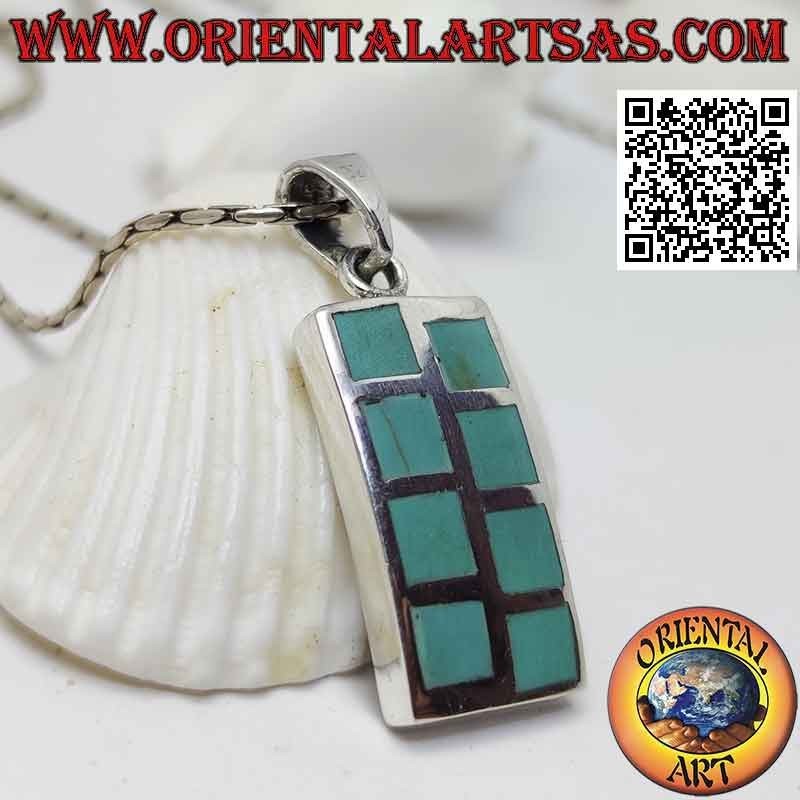 Pendentif rectangulaire en argent lisse avec huit carrés de turquoise alternés