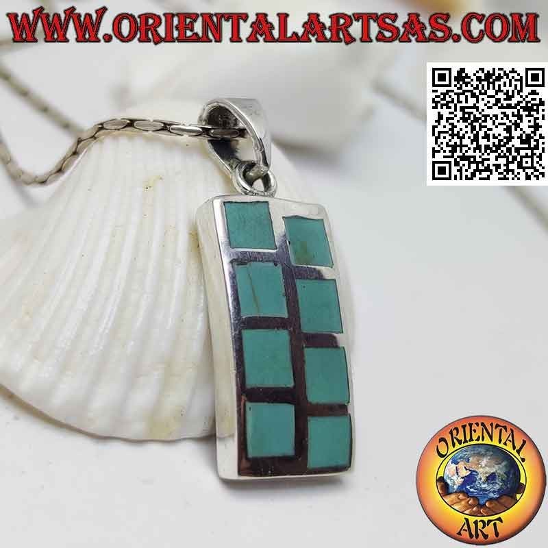 Smooth rectangular silver pendant with eight alternating turquoise squares