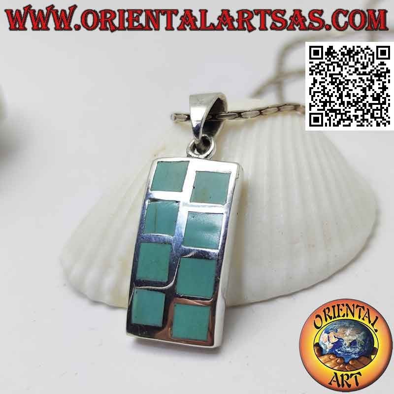 Colgante de plata rectangular liso con ocho cuadrados turquesas alternados