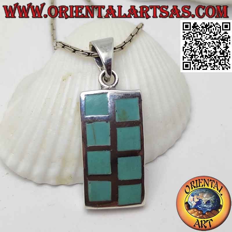 Pendentif rectangulaire en argent lisse avec huit carrés de turquoise alternés