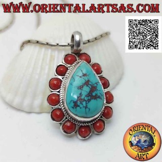 Colgante de plata con turquesa en forma de lágrima tibetana natural rodeada de antiguos corales redondos