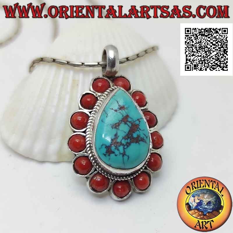 Colgante de plata con turquesa en forma de lágrima tibetana natural rodeada de antiguos corales redondos