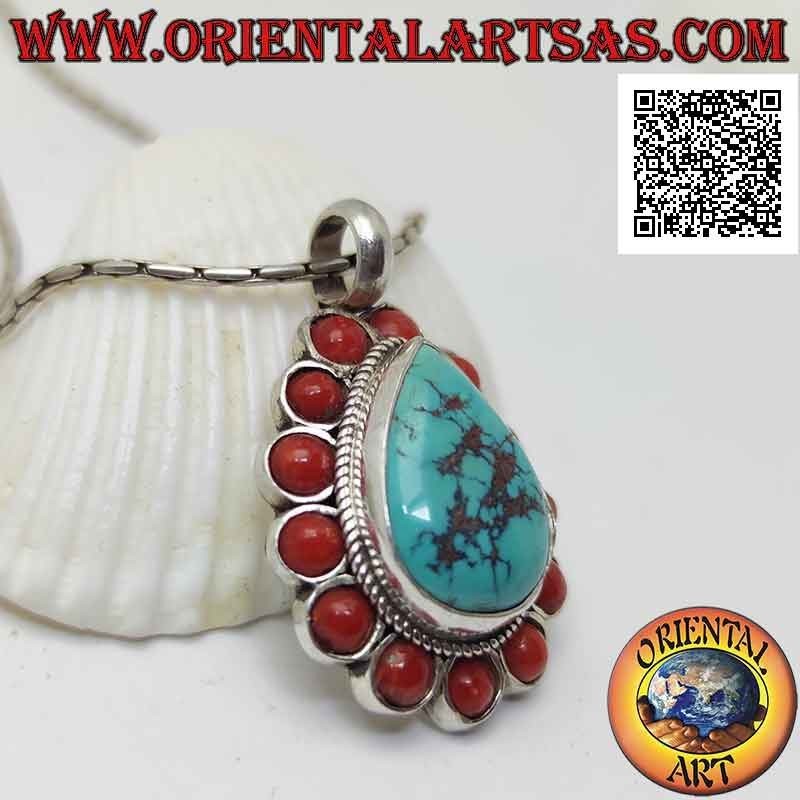 Pendentif en argent avec turquoise tibétaine naturelle en forme de goutte entourée de coraux anciens entrelacés et ronds