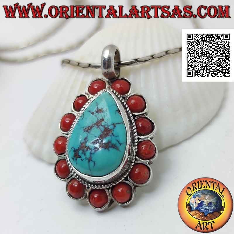 Pendentif en argent avec turquoise tibétaine naturelle en forme de goutte entourée de coraux anciens entrelacés et ronds
