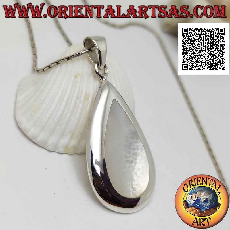 Silver pendant with pear-shaped mother-of-pearl set flush with the edge on a smooth frame