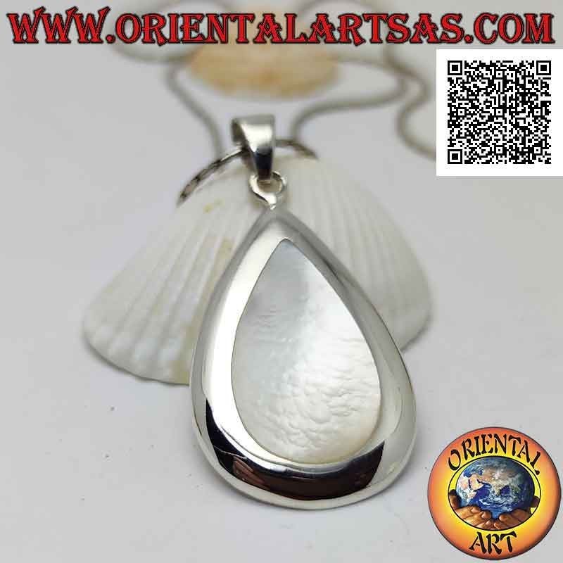 Silver pendant with pear-shaped mother-of-pearl set flush with the edge on a smooth frame