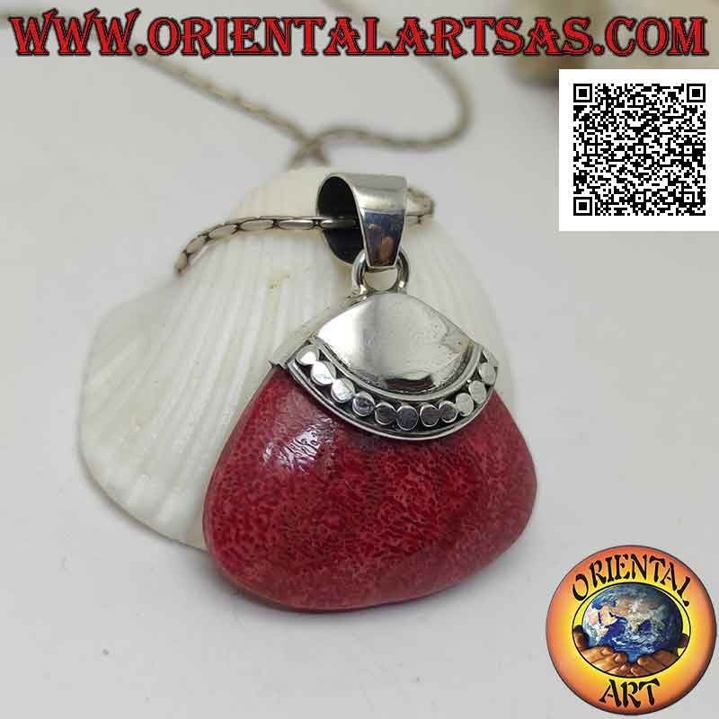Silver pendant with red madrepora (coral) with rounded trapezoid and smooth hook with a row of studs