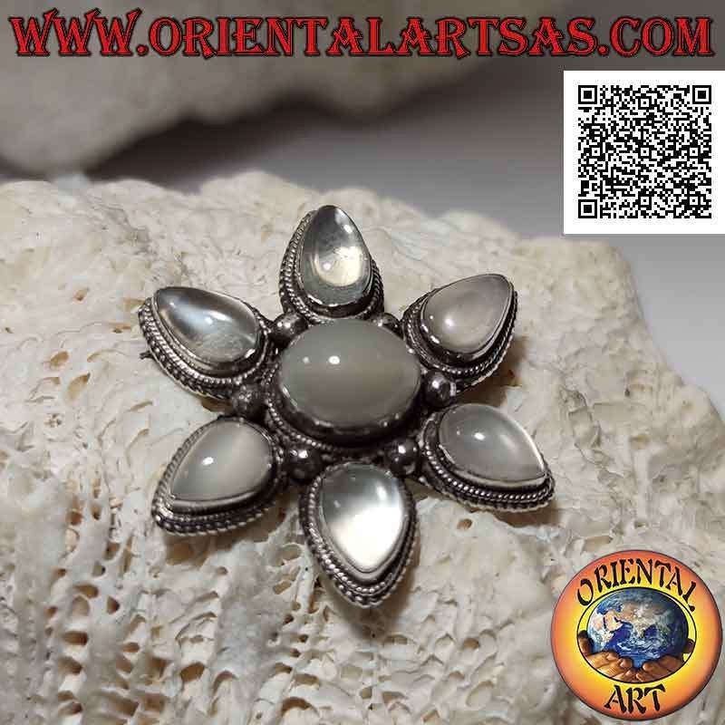 Silver brooch pendant, six-pointed star of teardrop moonstone and a central horizontal oval