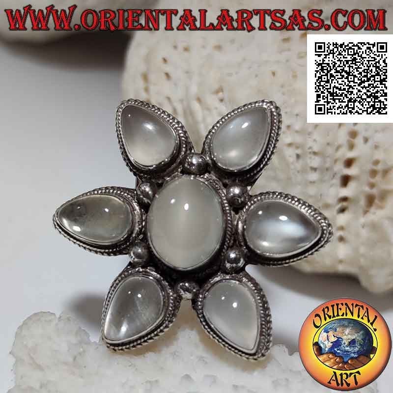 Silver brooch pendant, six-pointed star of teardrop moonstone and a central horizontal oval