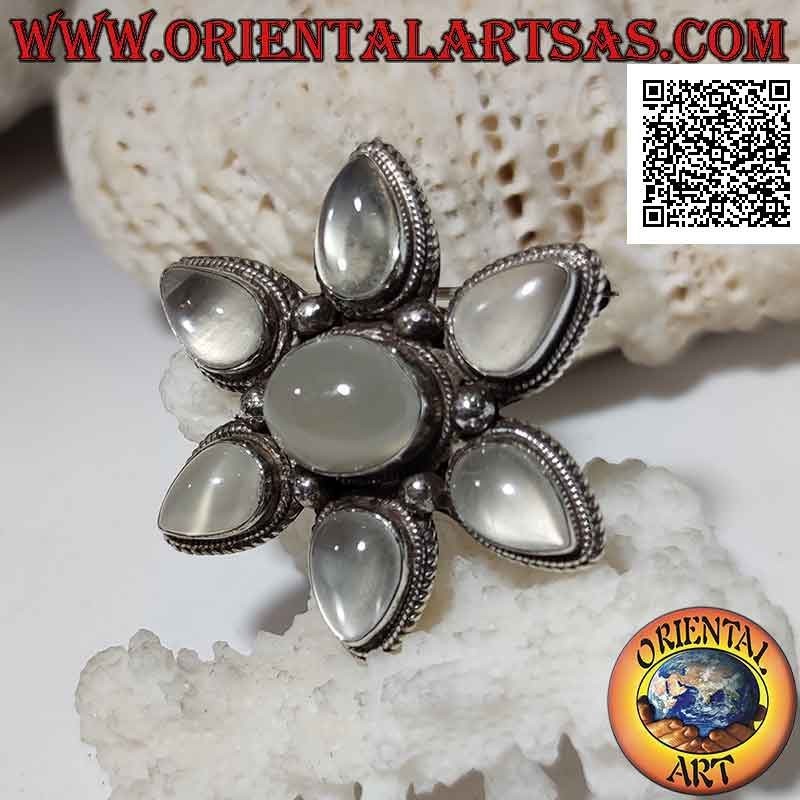 Colgante broche de plata, estrella de seis puntas de piedra lunar en forma de lágrima y óvalo central horizontal