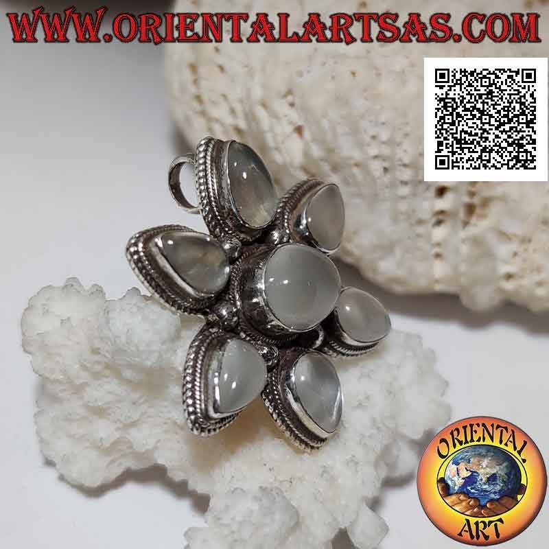Pendentif broche en argent, étoile à six branches en pierre de lune en forme de larme et ovale central horizontal