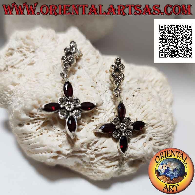 Silver lobe earrings with pendant cross of 4 shuttle garnets and marcasite in the center