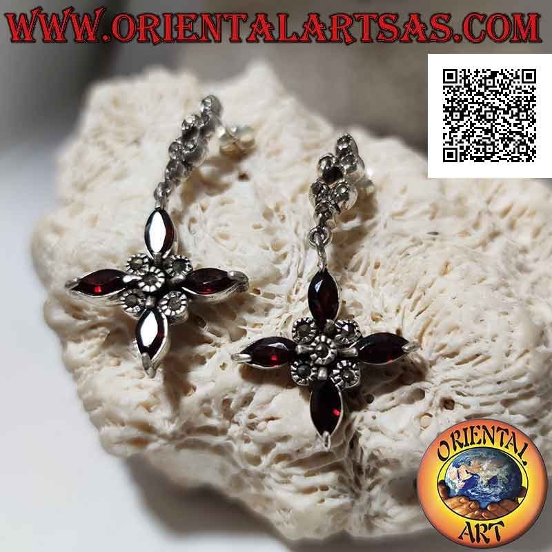 Silver lobe earrings with pendant cross of 4 shuttle garnets and marcasite in the center