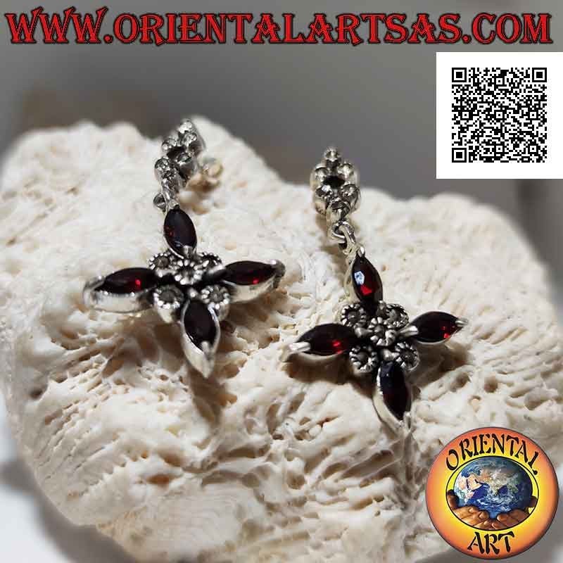 Silver lobe earrings with pendant cross of 4 shuttle garnets and marcasite in the center