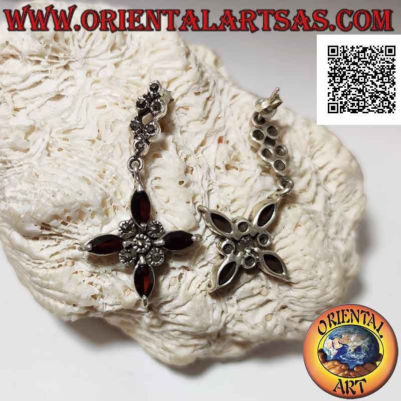 Silver lobe earrings with pendant cross of 4 shuttle garnets and marcasite in the center
