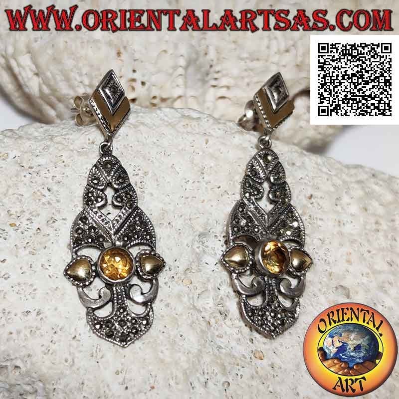 Pendientes de plata, placa barroca perforada tachonada de marcasita, topacio amarillo redondo y hojas de oro