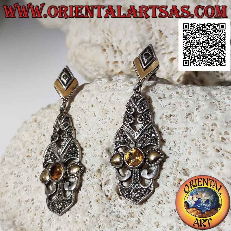 Pendientes de plata, placa barroca perforada tachonada de marcasita, topacio amarillo redondo y hojas de oro