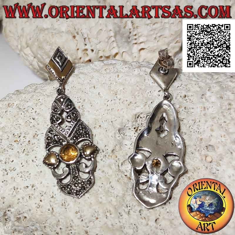 Silver earrings, perforated baroque plate studded with marcasite, round yellow topaz and gold leaves