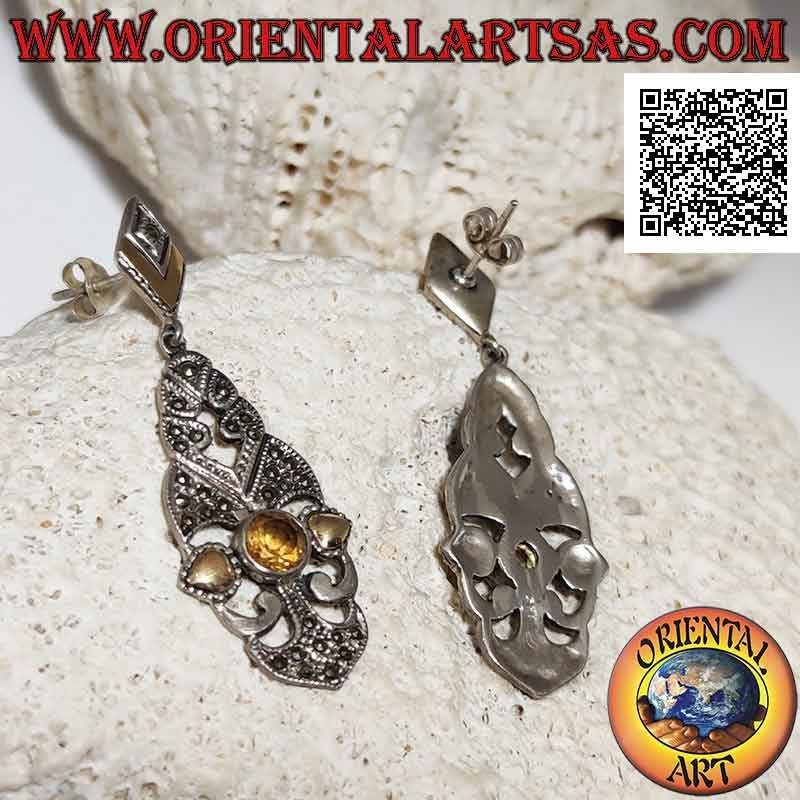 Silver earrings, perforated baroque plate studded with marcasite, round yellow topaz and gold leaves
