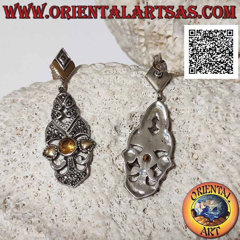 Pendientes de plata, placa barroca perforada tachonada de marcasita, topacio amarillo redondo y hojas de oro