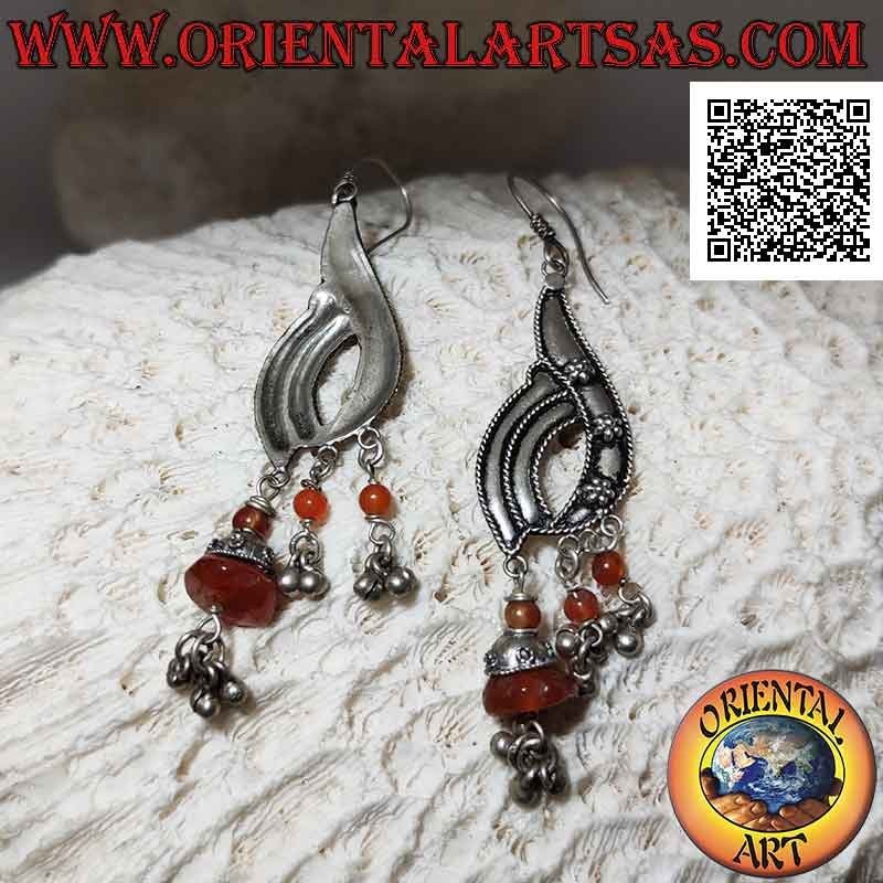 Silver earrings with pendant plate with embossed flowers and natural carnelian fragments hanging
