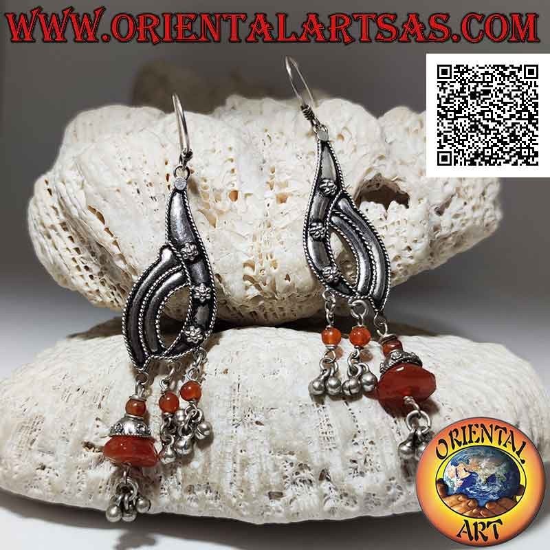 Silver earrings with pendant plate with embossed flowers and natural carnelian fragments hanging