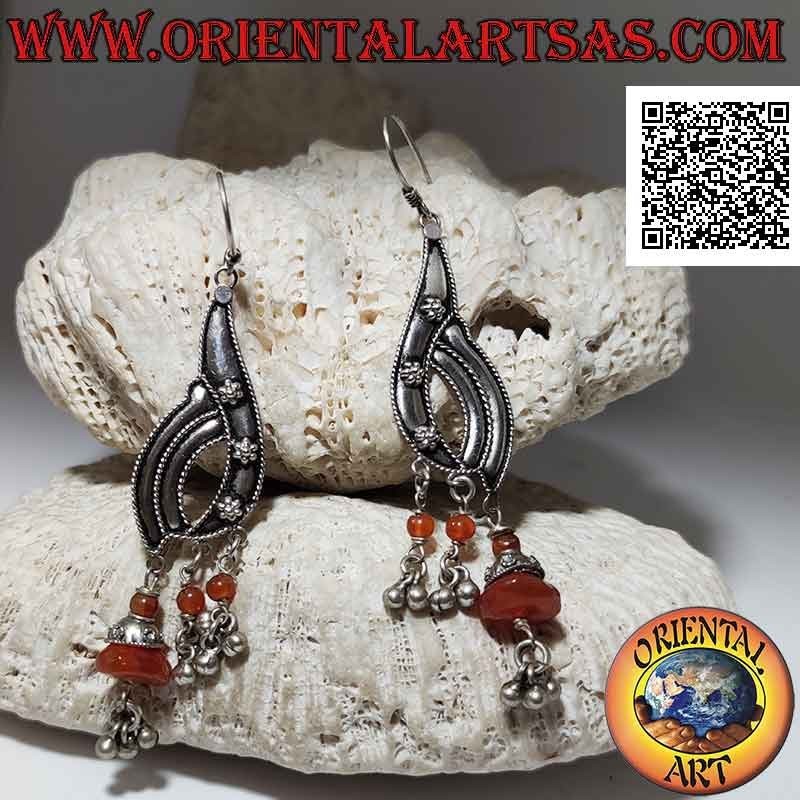 Silver earrings with pendant plate with embossed flowers and natural carnelian fragments hanging