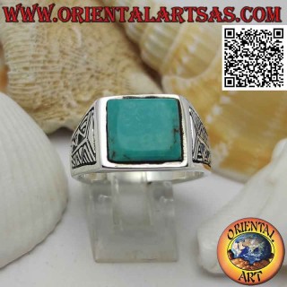 Bague en argent avec gravure carrée turquoise et aztèque sur les côtés